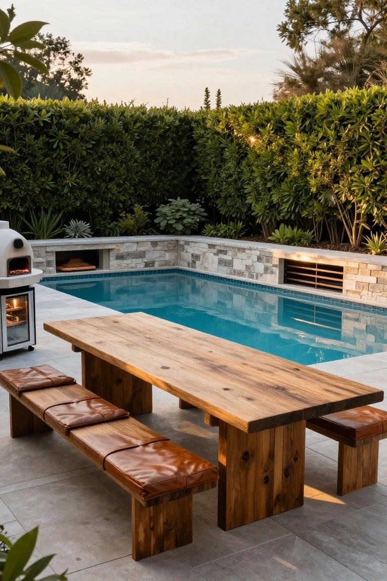 A small turquoise rectangular pool with stone wall surround including a pizza oven and grill, adjacent to a long rectangular wooden dining table with leather-cushioned benches on a light gray tiled patio enclosed by green hedges and plants.
