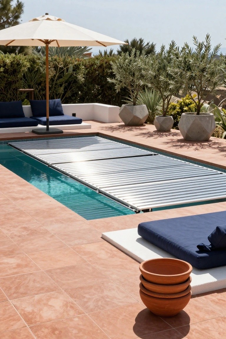 Outdoor pool partially covered by a silver slatted retractable cover, with terracotta tile surround, blue cushions on low seats, stacked terracotta pots, potted plants, and beige umbrella nearby.
