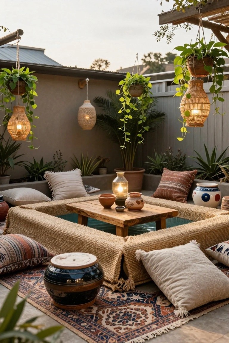 Square shallow pool with turquoise water and central wooden table, surrounded by beige woven walls topped with assorted pillows and cushions on an outdoor patio with rugs, lanterns, plants, and pottery.