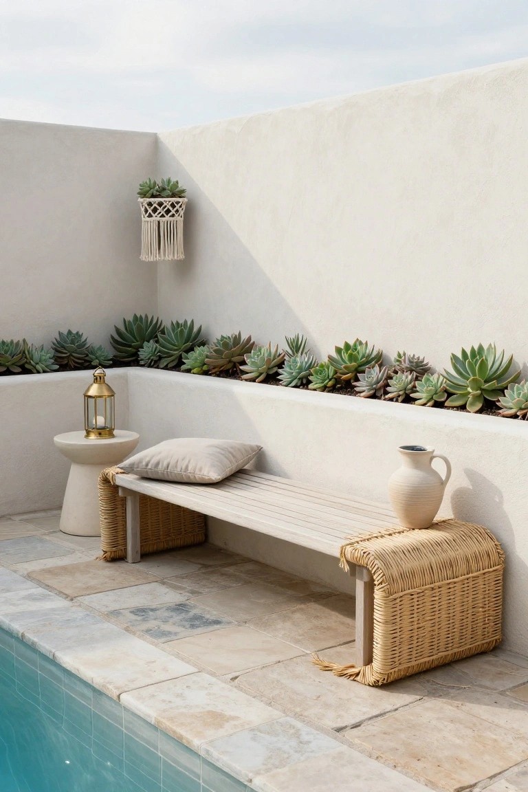 White stucco walls beside a pool with a row of succulents planted along the raised tiled edge, a cushioned bench with rattan elements, side table holding a lantern, and a vase on the tiled deck.