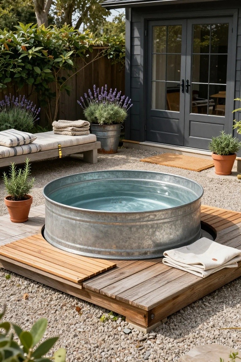 Galvanized metal stock tank pool raised on a wooden platform with surrounding wooden benches in a gravel backyard near a gray shed and potted plants.