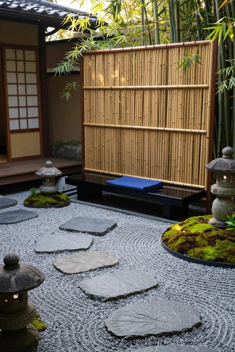 Japanese zen garden with raked white gravel, irregular gray stepping stones, green moss mounds, stone lanterns, bamboo fence, shoji screen building, and low black bench topped with folded blue fabric.