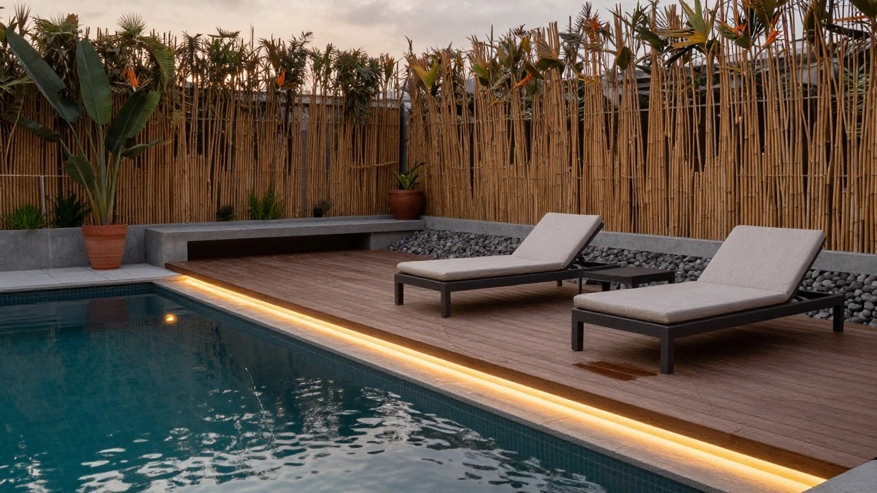 A row of four beige lounge chairs with white cushions positioned along the edge of a turquoise pool on a wooden deck, illuminated from underneath by thin LED light strips, with bamboo screens and tropical plants in the background at dusk.
