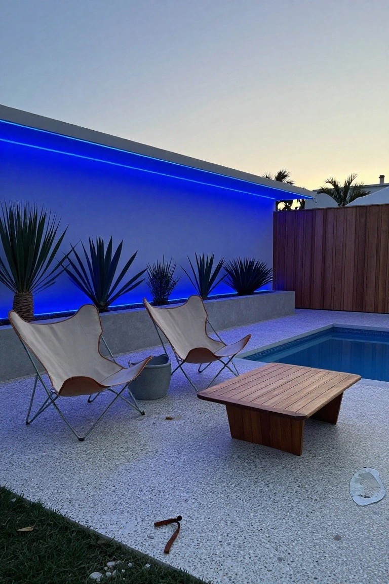 Pool deck at dusk with two beige canvas butterfly chairs and a low wooden table on pebbled surface, blue LED strip lights along a blue wall with agave plants in planters, wooden fence, and rectangular pool nearby.