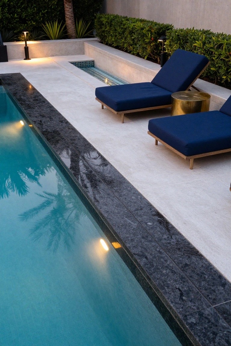 Pool deck at dusk with turquoise water, black granite edging lit by recessed linear lights, two navy blue loungers on light stone pavers, hedges, palms, and bollard lamps nearby.