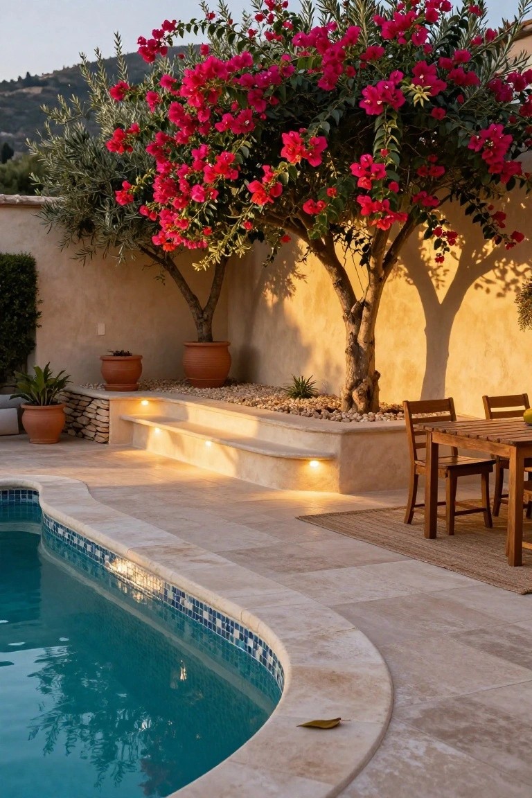 Curved turquoise pool edged in travertine tiles beside a raised beige stucco wall with recessed step lights, wooden dining table on deck, potted plants, olive trees, and bougainvillea against a hillside backdrop at dusk.