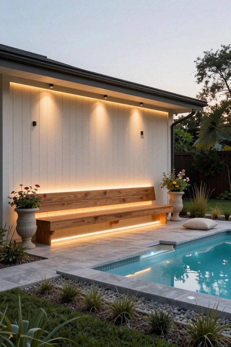 Wooden bench with LED strip lighting underneath against a white vertical board wall next to a pool, with wall-mounted lights, potted plants, stone decking, and surrounding landscaping.
