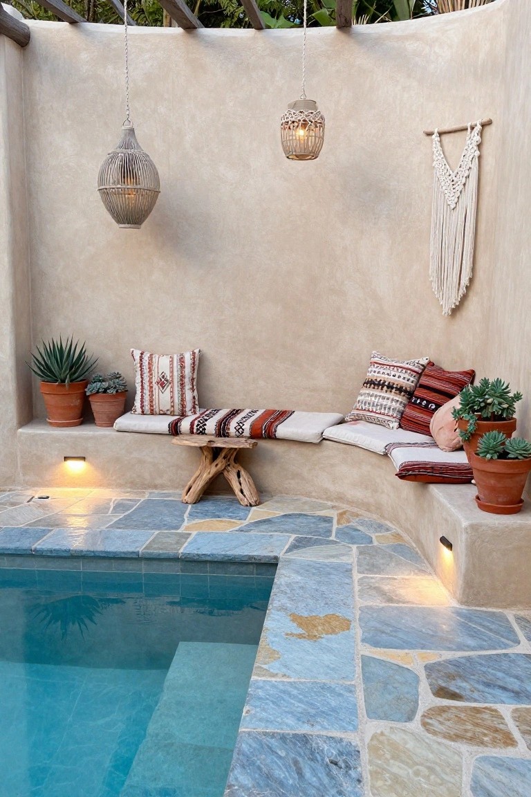 Curved built-in bench with colorful patterned cushions and potted succulents beside a turquoise pool on a blue stone tile deck, illuminated by two hanging rattan lanterns and low wall lights against textured walls.