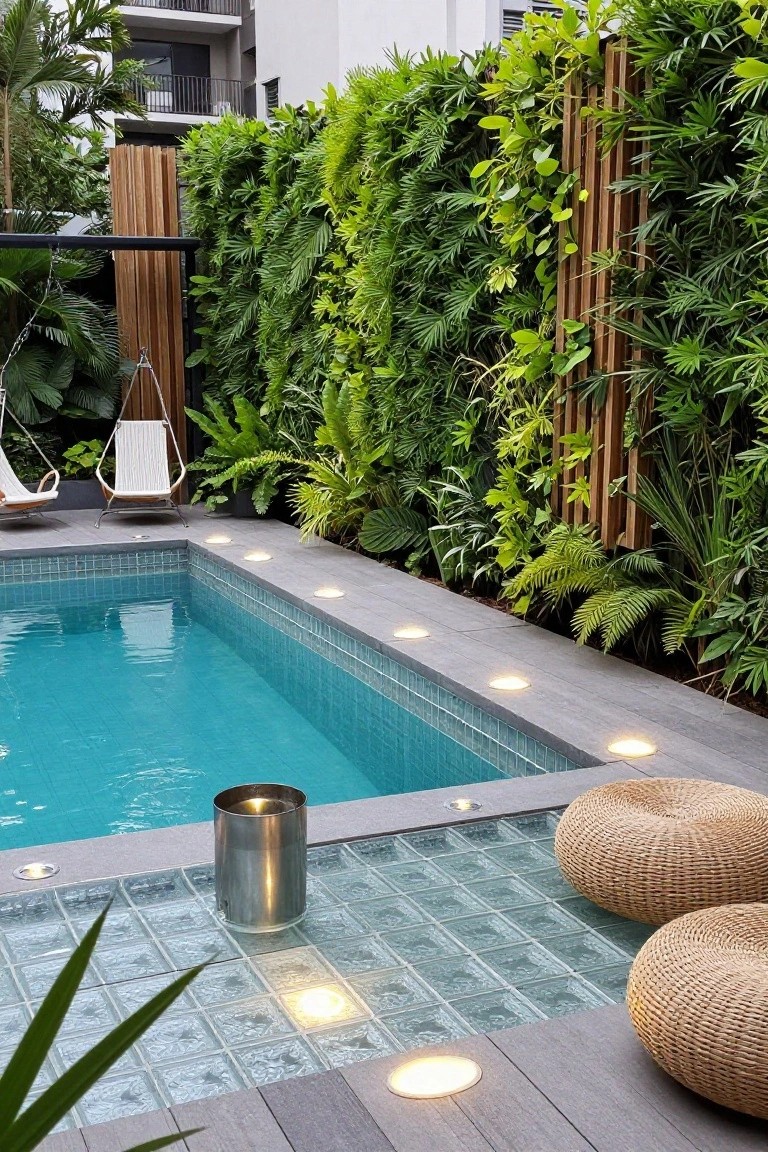 A turquoise lap pool with glass block sections in the shallow end lit from below, edged by a dark gray stone deck with recessed round puck lights, rattan poufs for seating, a metal candle holder on the poolside, hanging egg chairs, and lush tropical greenery with bamboo screens.