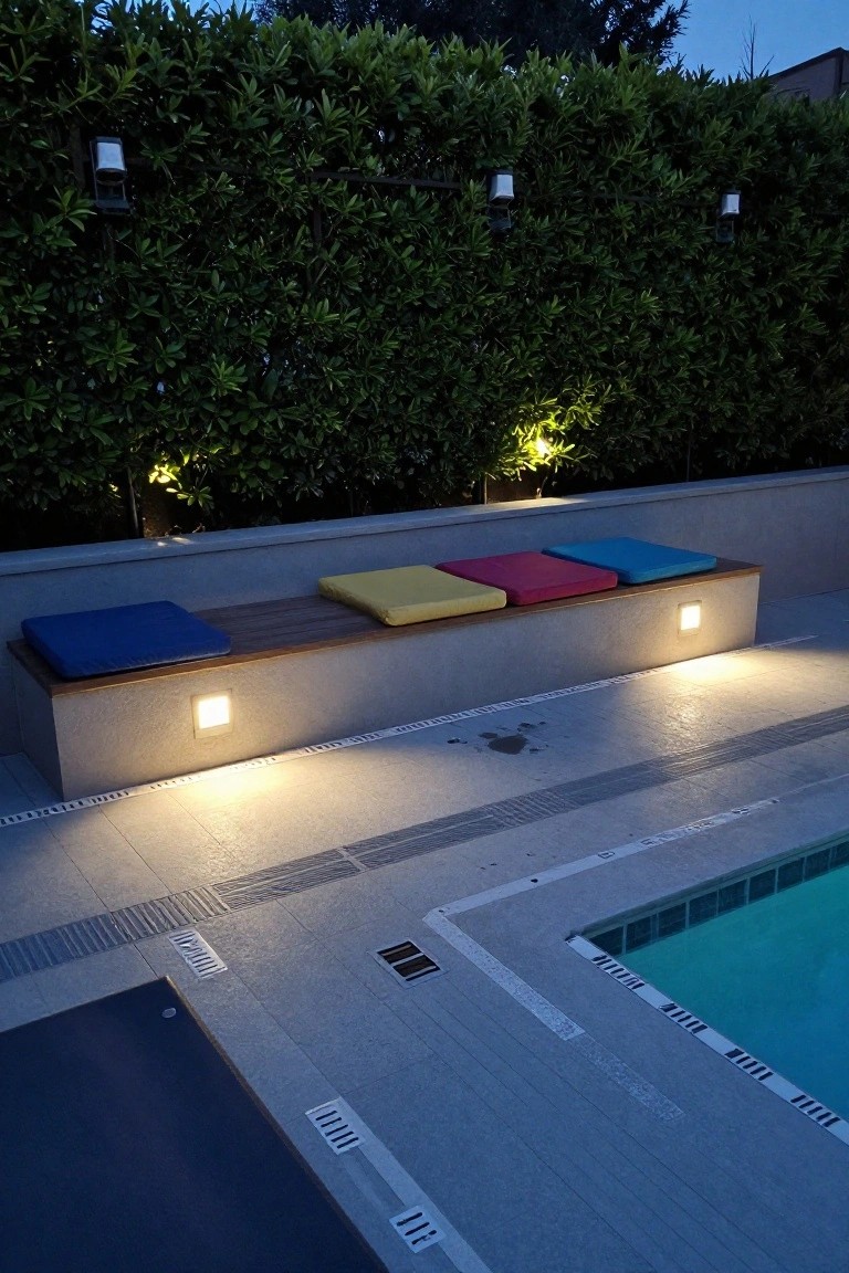 Pool deck at dusk featuring a long concrete bench with colorful cushions, illuminated by recessed square wall lights under the bench ends and along the edge, with additional lights in a hedge backdrop and near the turquoise pool water.