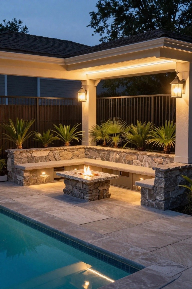 Twilight view of a pool deck with L-shaped stone bench seating around a central lit fire pit, under-bench recessed lights, wall lanterns on a pergola, palm plants, black metal fence, and glowing pool edge.