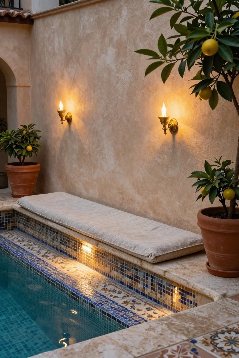 Small turquoise-tiled pool in a stucco-walled courtyard with potted lemon trees, a cushioned bench on the deck edge, brass wall sconces with flame bulbs, and subtle underwater and edge lighting.