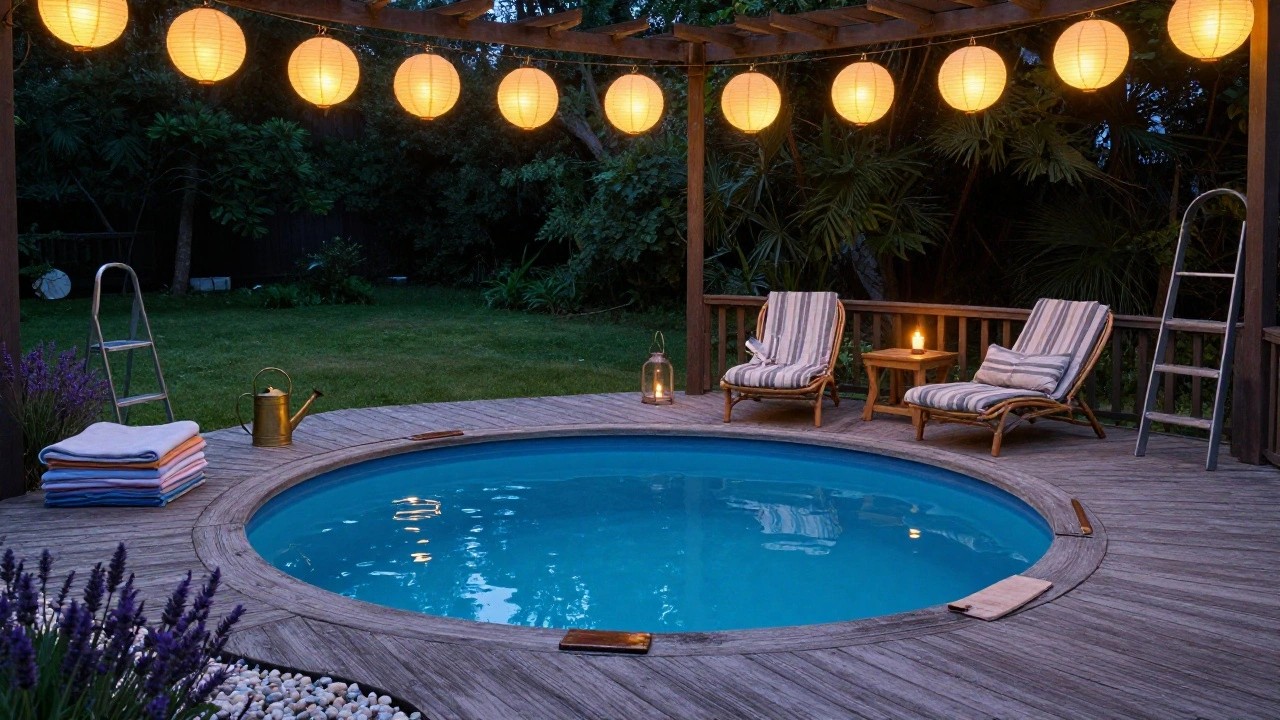 Wooden gazebo on a deck with two striped wicker lounge chairs, string lights overhead, lanterns, candles, watering can, folded towels, and stairs next to a blue above-ground pool edged in pebbles and lavender at dusk.