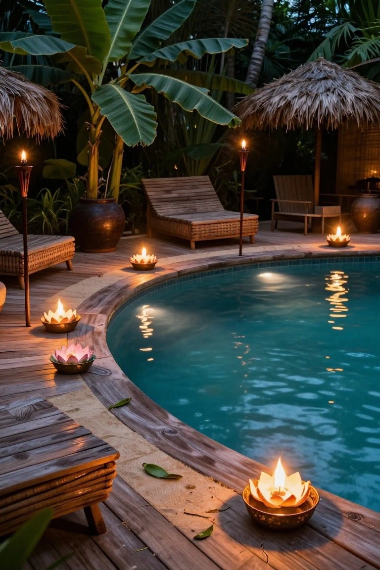 18 Creative Backyard Above Ground Pool Lighting Ideas For Dark Evenings Curved above-ground pool at night with wooden deck edged by lotus-shaped candles in brass holders, tiki torches nearby, lounge chairs under thatched roofs, potted plants, and banana trees in a tropical garden setting.