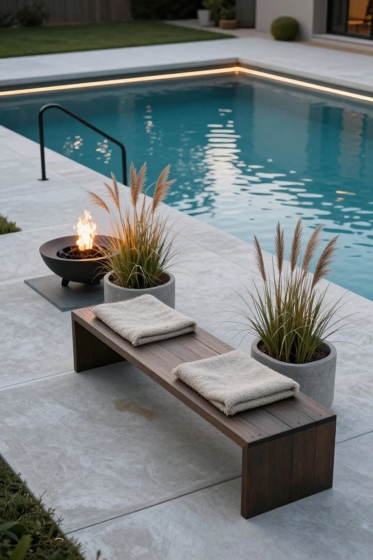 18 Creative Backyard Above Ground Pool Lighting Ideas For Dark Evenings Above-ground pool with blue water illuminated by LED lights along the top edge, next to a black fire pit, potted tall grasses, and a wooden bench with white towels on a concrete patio.