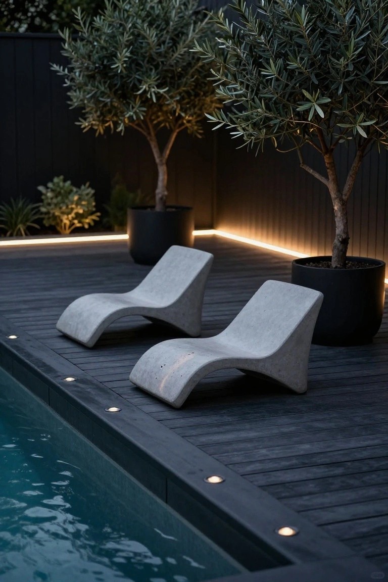 18 Creative Backyard Above Ground Pool Lighting Ideas For Dark Evenings Dark wood deck beside an above-ground pool with two gray curved concrete lounge chairs positioned near the edge, illuminated by linear LED strip lights along the deck and pool perimeter, flanked by potted olive trees and a black fence at dusk.