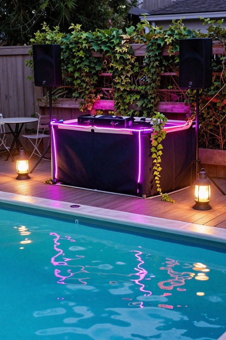 18 Creative Backyard Above Ground Pool Lighting Ideas For Dark Evenings Nighttime backyard scene with above-ground pool reflecting purple LED strip lights from a black fabric DJ booth setup between two black speakers on stands against ivy-covered wooden fence, with lanterns on the deck nearby.