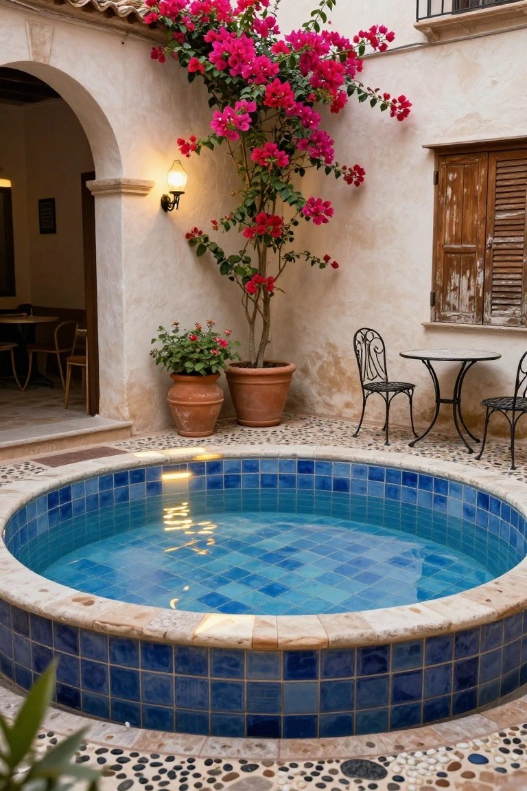 18 Creative Backyard Above Ground Pool Lighting Ideas For Dark Evenings Circular blue mosaic-tiled above-ground pool in a white stucco courtyard with pink bougainvillea on walls, terracotta pots, wrought-iron table and chairs on pebble floor, open archway, and lit wall lantern.