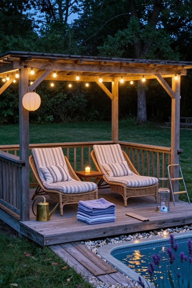 18 Creative Backyard Above Ground Pool Lighting Ideas For Dark Evenings Wooden gazebo on a deck with two striped wicker lounge chairs, string lights overhead, lanterns, candles, watering can, folded towels, and stairs next to a blue above-ground pool edged in pebbles and lavender at dusk.