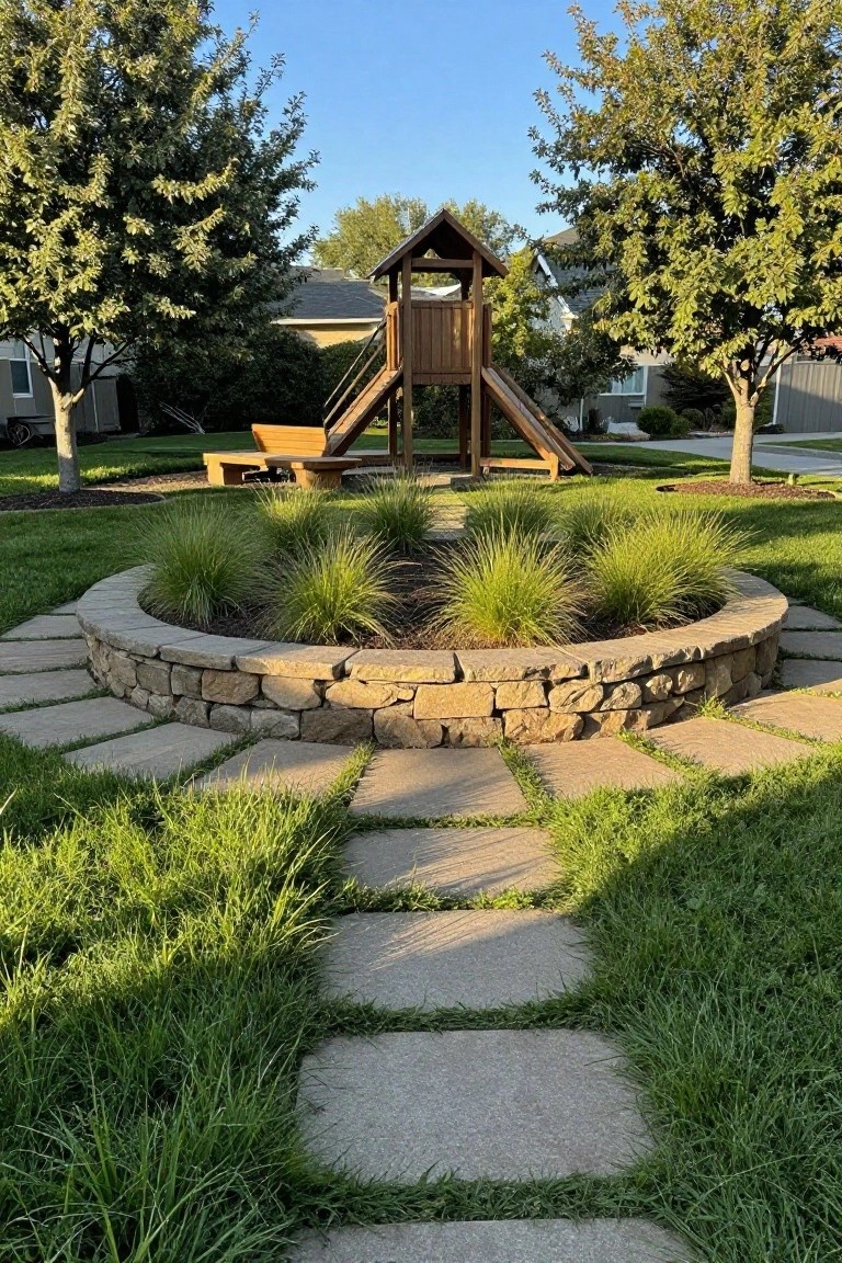 Backyard with wooden playground tower, trees, circular stone wall enclosing grasses, and curved stepping stone path through lawn.