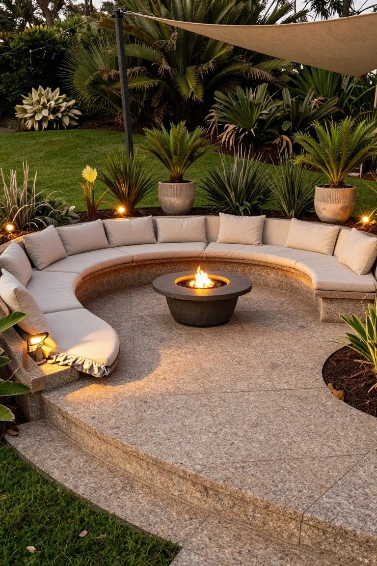 Curved beige cushioned banquette surrounding a lit concrete fire pit on a pebbled patio edged by tropical plants, potted greenery, and lawn.