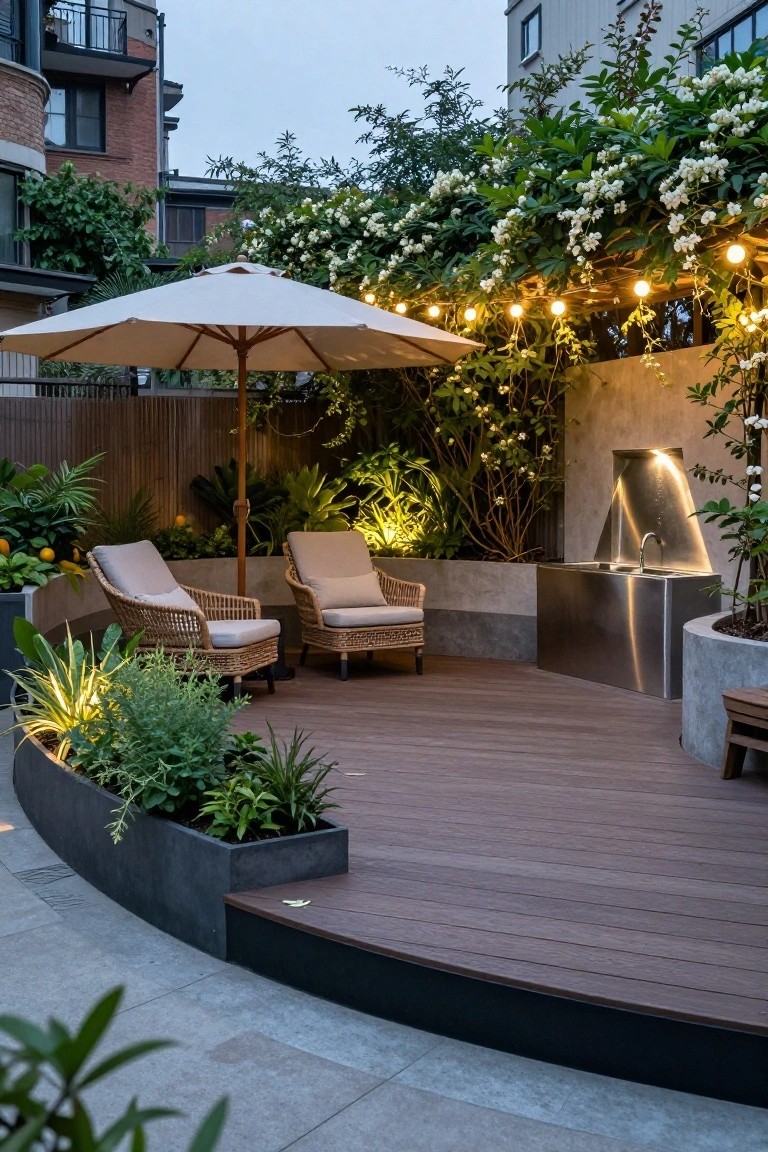 Curved raised wooden deck platform with two beige rattan lounge chairs under a large beige umbrella, stainless steel wall fountain, potted plants, string lights overhead, lush greenery, and nearby apartment buildings at dusk.