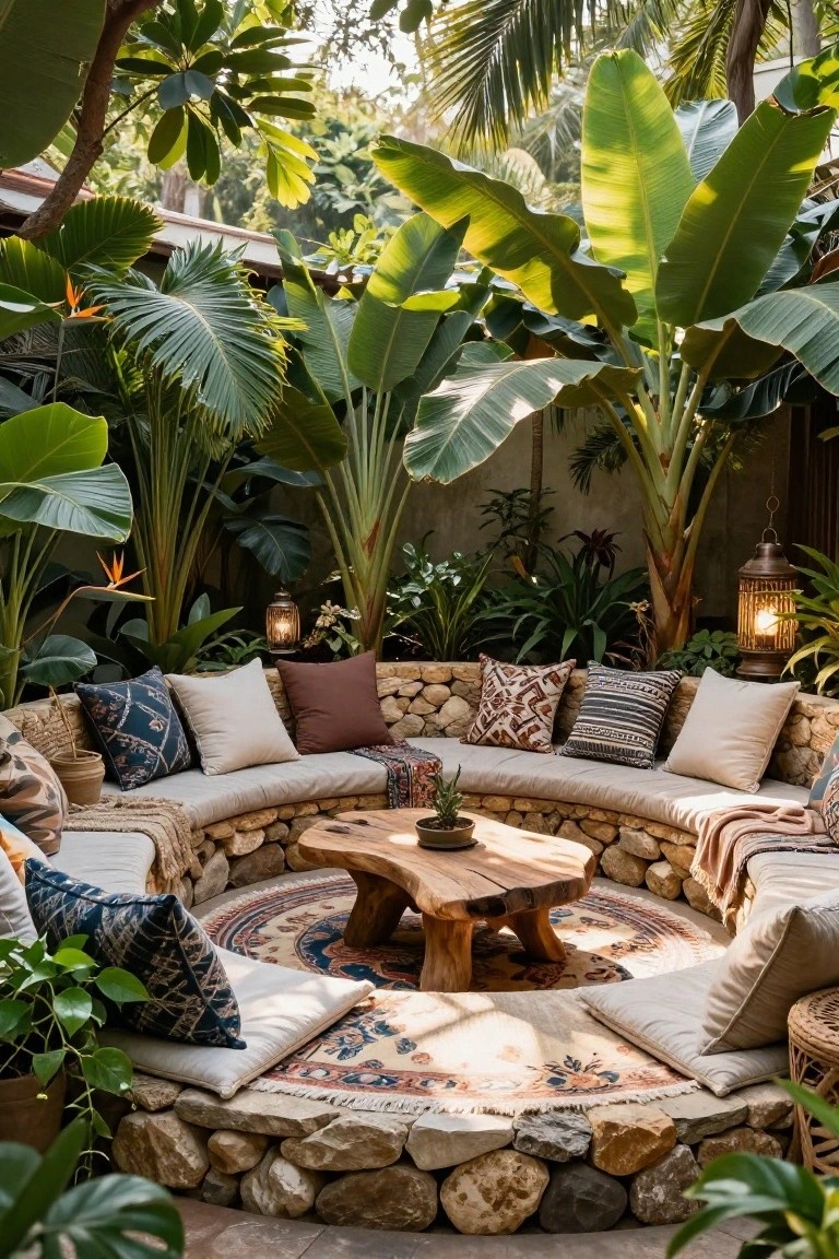 Curved stone wall forming a circular built-in bench seating area around a central wooden table on a patterned rug, with assorted cushions and pillows, surrounded by tropical plants, palms, lanterns, and potted greenery in a lush garden setting.