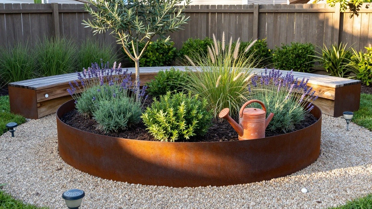 Circular raised planter bed of corten steel with wooden bench seating integrated around it, planted with a central olive tree, lavender, boxwood, and fountain grasses in a backyard, red watering can on gravel ground nearby