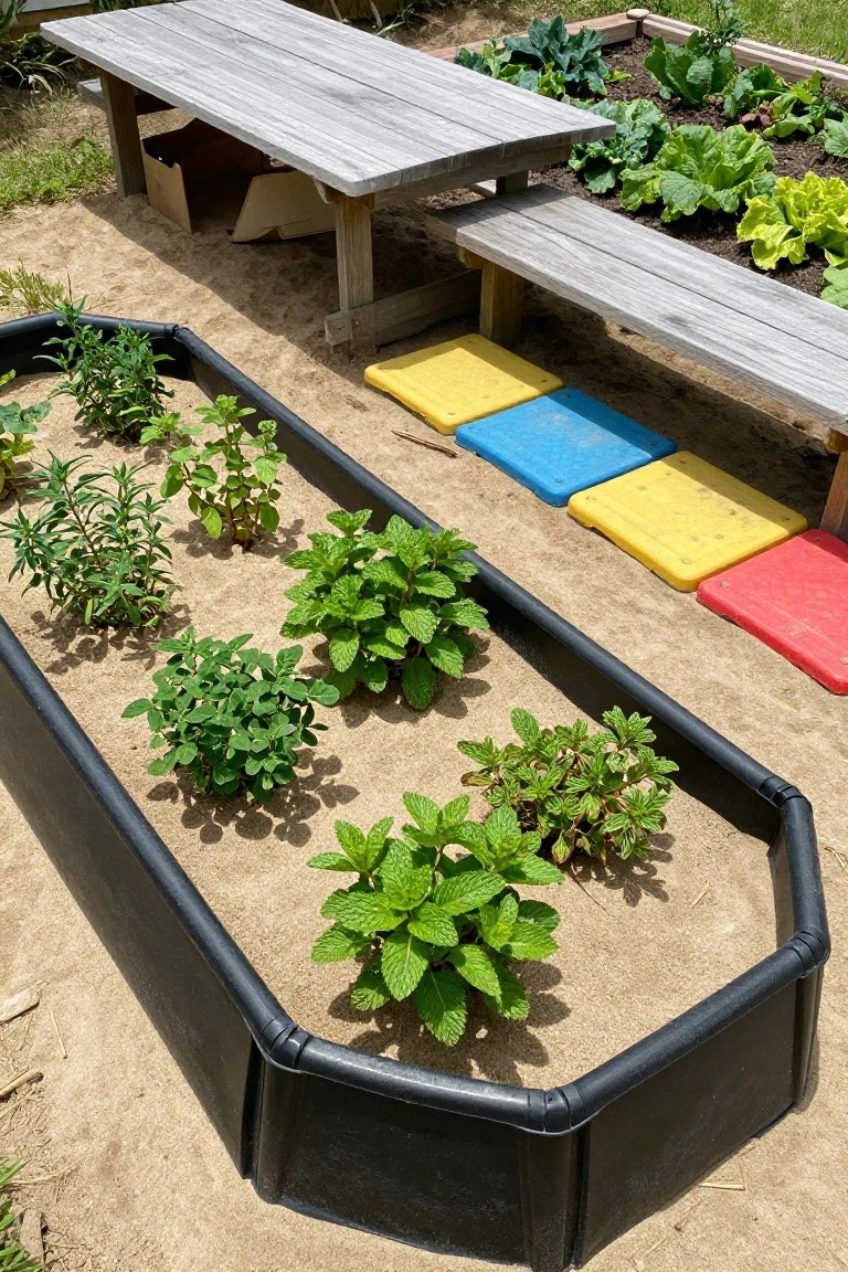 Black hexagonal raised garden bed filled with sand and various green herb plants, next to wooden benches, colorful play mats, and a picnic table in a backyard setting.