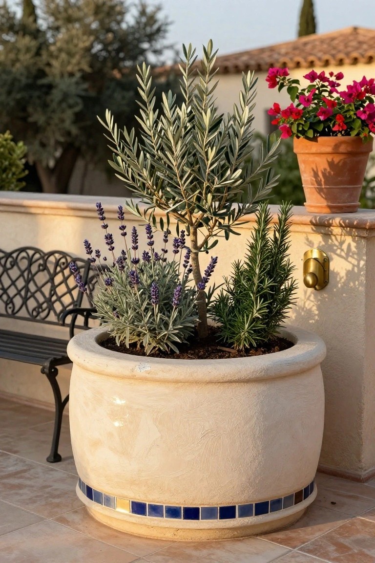 Large beige oval terracotta pot on a tiled balcony containing a central olive tree surrounded by lavender and rosemary plants, positioned next to a black wrought-iron bench with additional potted plants nearby.