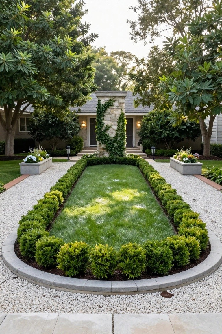 Stone house entrance with double doors and lanterns, approached by a straight gravel path through an oval lawn edged by boxwood shrubs, flanked by trees and flower planters.