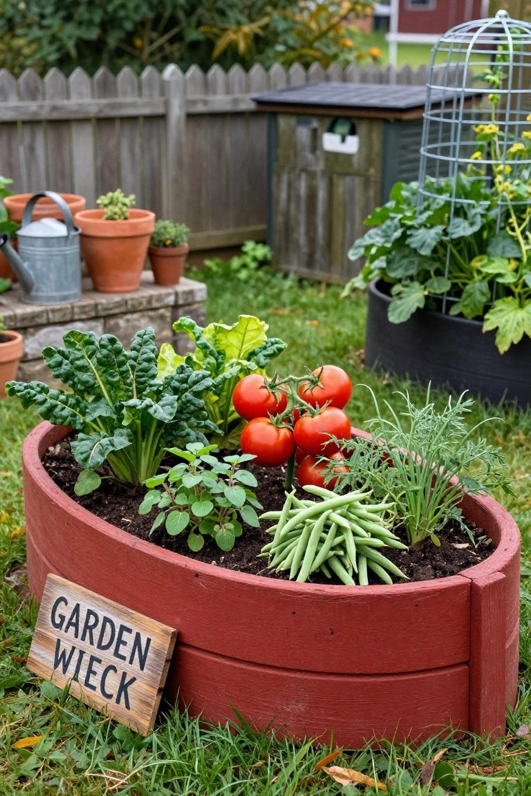 Red wooden oval raised garden bed filled with swiss chard, tomatoes, beans, basil, and dill, labeled 