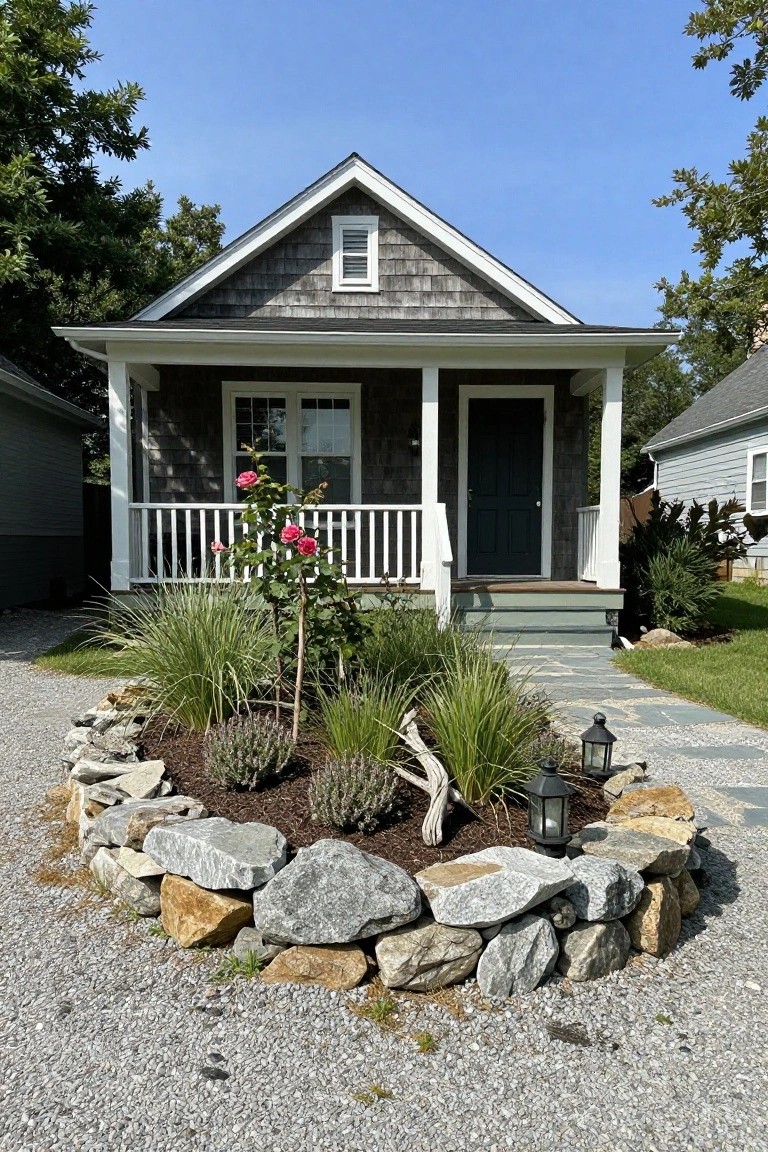 Small gray shingle house with covered porch and dark front door, fronted by curved rock-bordered oval planting bed containing grasses, rose bush, lavender, driftwood, and lanterns on gravel with stone path.