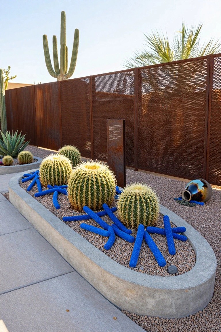 Oval concrete raised bed planted with golden barrel cacti encircled by blue pool noodles arranged as extended spines, surrounded by gravel mulch, next to a rust-colored metal fence in a desert landscape with agave plants and tall saguaro cacti.