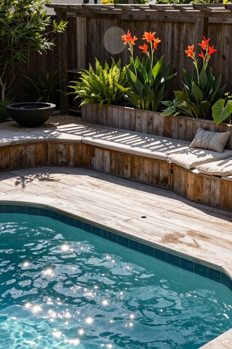 Oval turquoise above-ground pool edged in blue tiles, surrounded by weathered wooden decking with L-shaped built-in benches cushioned in beige, next to tropical plants, ferns, and a black fire bowl.