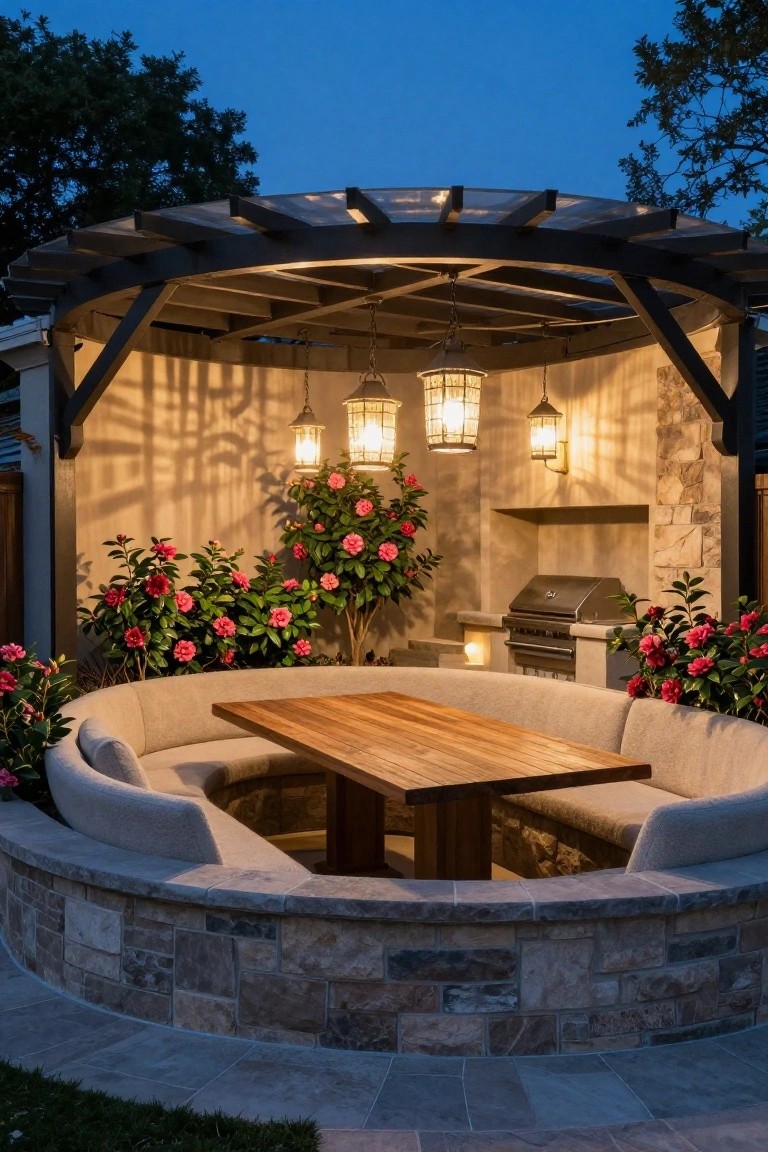 Curved beige cushioned banquette seating built into a raised oval stone platform with a central rectangular wooden table, pink camellia shrubs, built-in grill, hanging lanterns, under a black metal pergola at dusk.