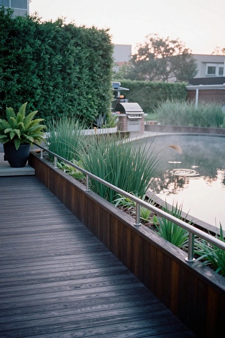 Wooden deck walkway with stainless steel railings and integrated planter boxes containing ferns, tall ornamental grasses, reeds, and succulents bordering a steaming oval hot tub.