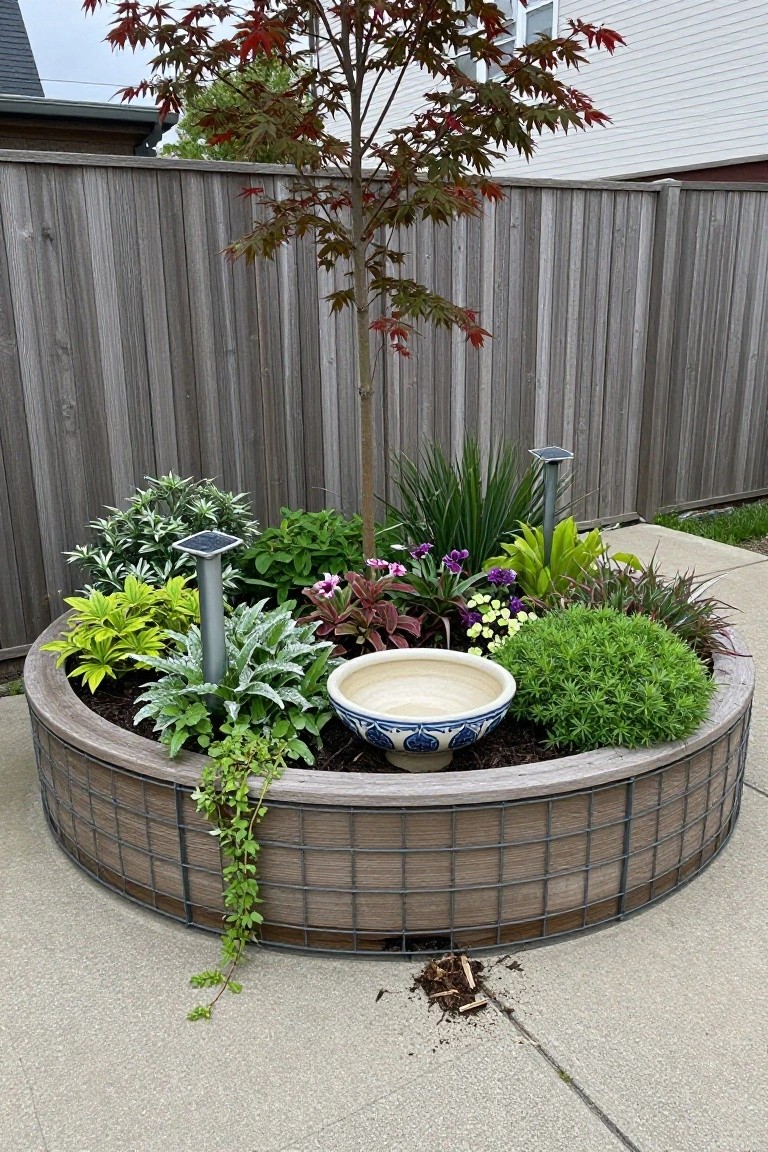 Circular wooden raised garden bed on a concrete patio filled with various plants including a small red maple tree, succulents, flowering plants, and a blue-and-white ceramic bowl in the center, with solar lights and a wooden fence in the background.