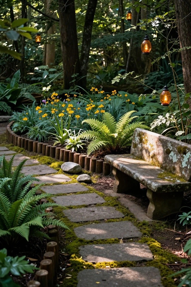 A moss-covered stone path bordered by short wooden log rounds winds through fern and flower garden beds toward a stone bench in a forested area with hanging lanterns.