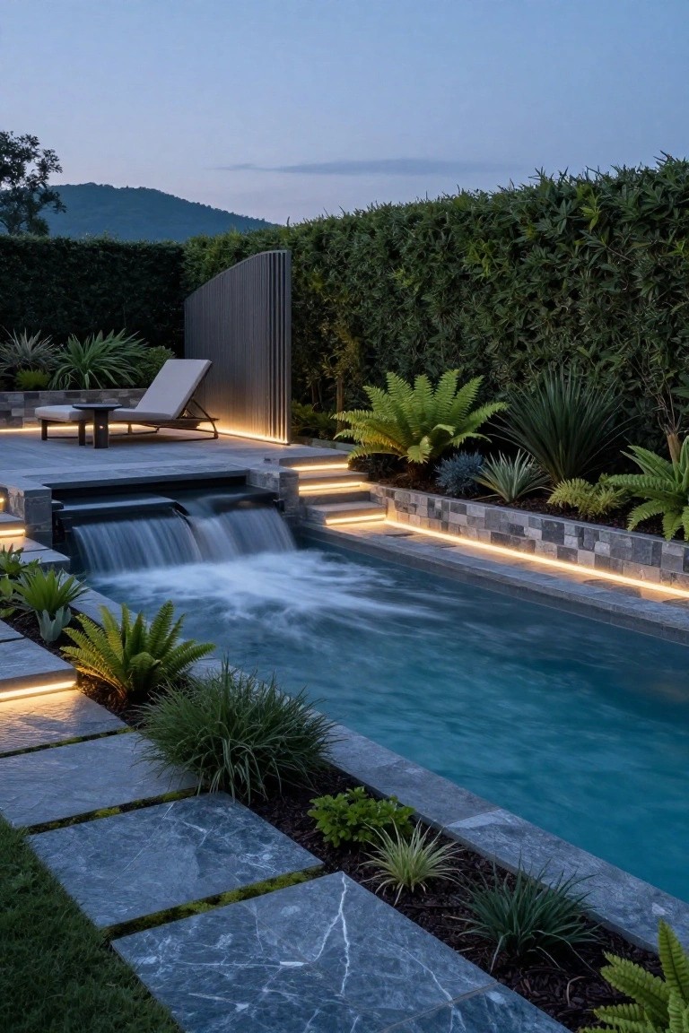 18 Custom Backyard Pool Ideas Tailored To Your Space A rectangular turquoise pool with a double waterfall cascading from a dark stone wall, edged by LED strip lights, stone steps, gray marble pavers, tropical plants, and a lounge chair on a wooden deck beside a tall metal screen and hedge at dusk.