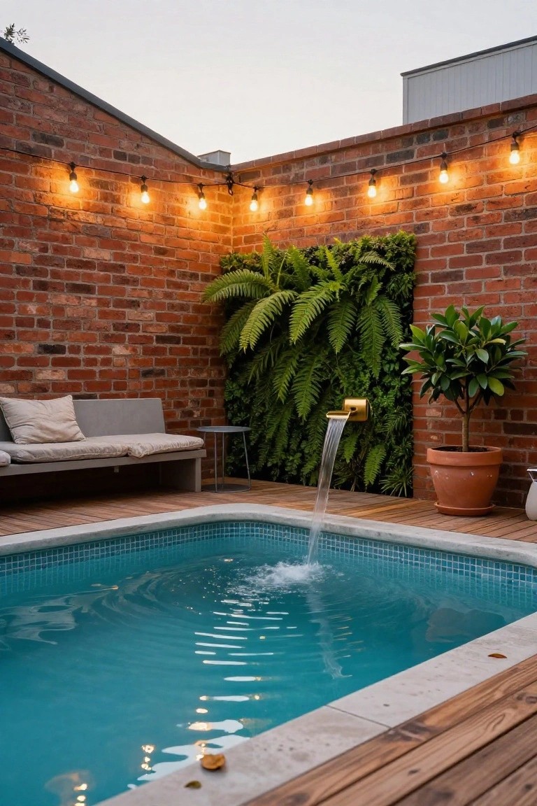 18 Custom Backyard Pool Ideas Tailored To Your Space Small rectangular pool with turquoise mosaic tiles and wooden decking, featuring a waterfall from a gold wall spout on a vertical green fern wall against brick, with string lights, bench seating, side table, potted tree, and plants nearby.