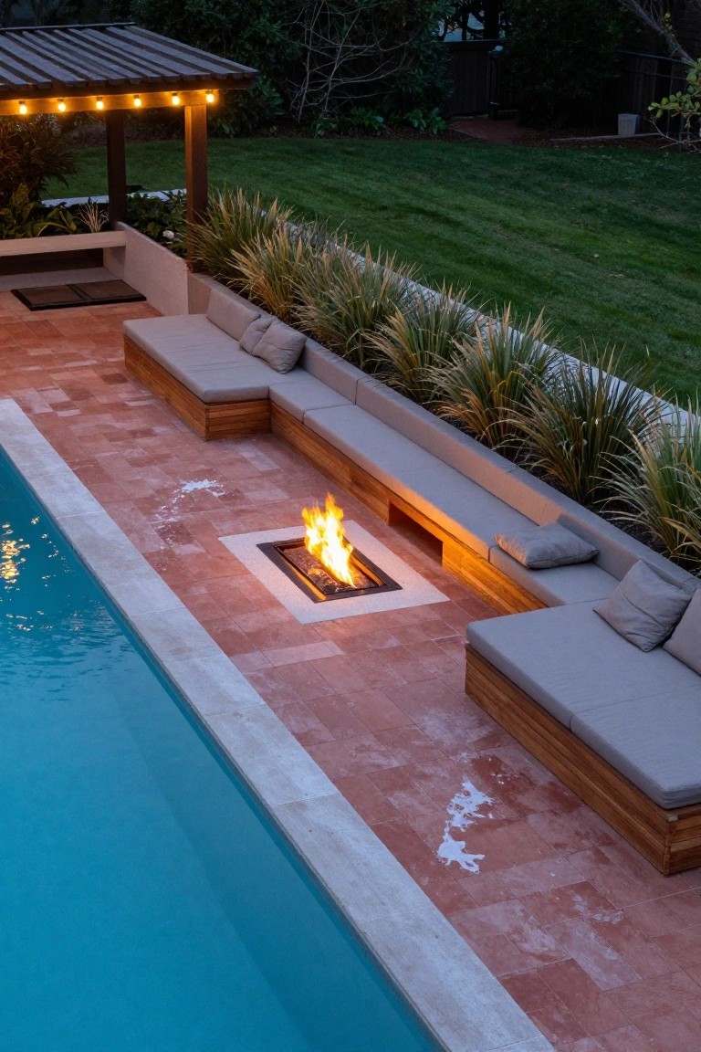 18 Custom Backyard Pool Ideas Tailored To Your Space Overhead view of a rectangular turquoise pool edged with terracotta tiles, built-in wooden benches with gray cushions, a linear fire pit in the center of the seating, and agave plants along the patio beside mowed grass at dusk.