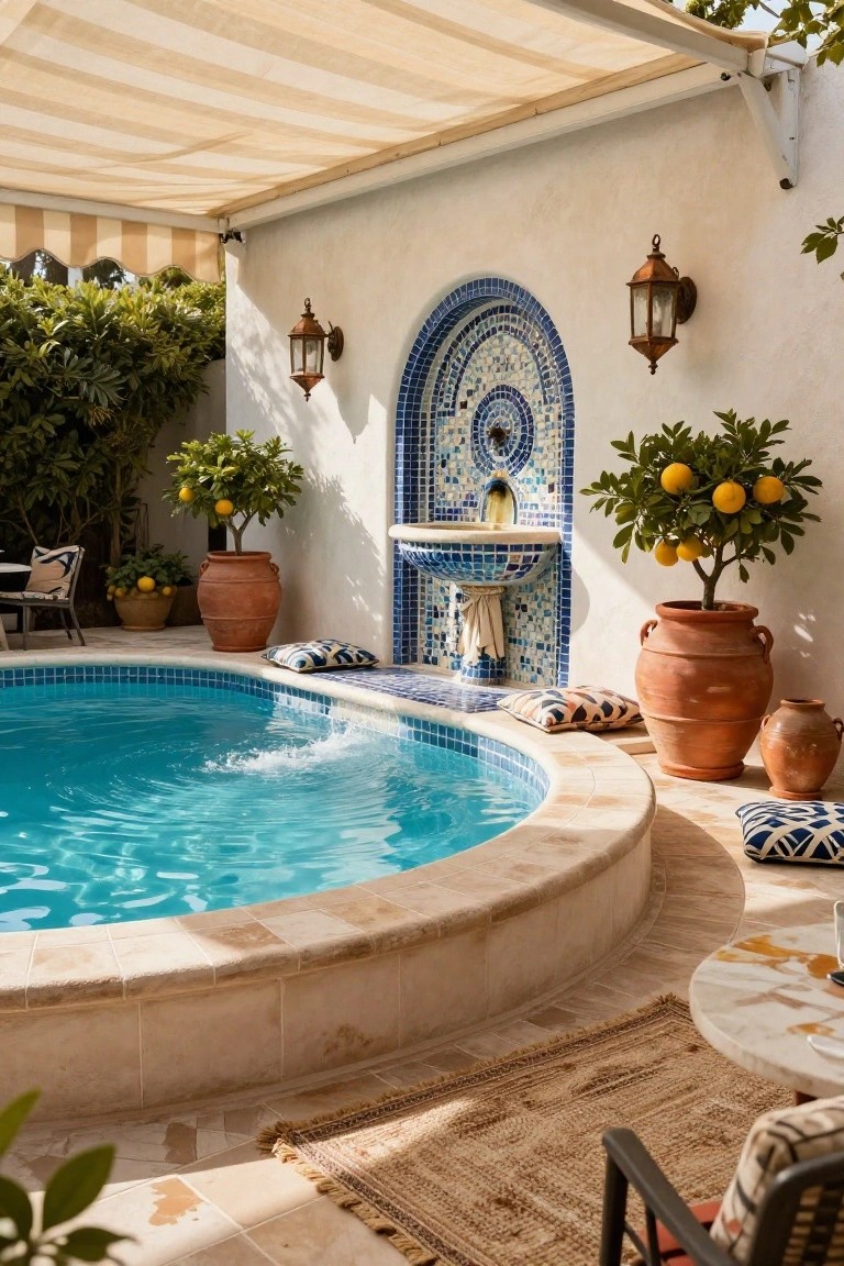 18 Custom Backyard Pool Ideas Tailored To Your Space Curved turquoise pool in a beige stucco courtyard featuring a blue mosaic tiled fountain wall, potted citrus trees, terracotta planters, lounge pillows, chairs, and striped fabric awning overhead.
