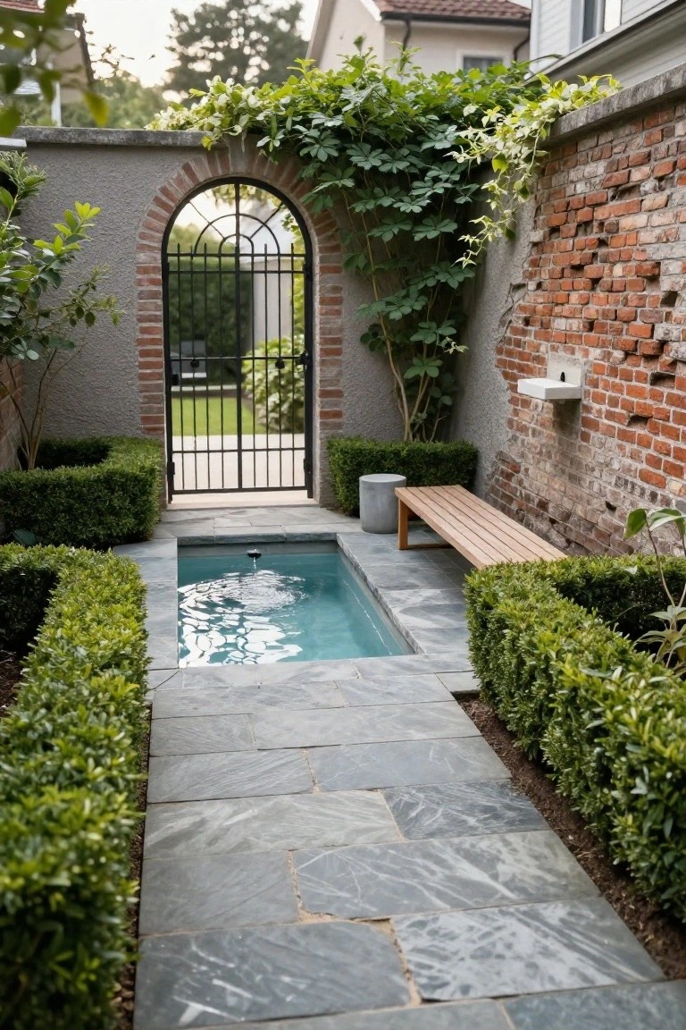 18 Custom Backyard Pool Ideas Tailored To Your Space Small turquoise plunge pool in a courtyard with boxwood hedges along slate stone paths, wooden bench and concrete stool nearby, ivy on brick and stucco walls, and arched black metal gate to lawn beyond.