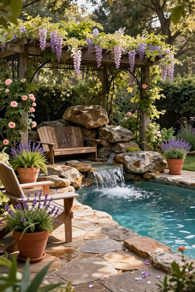 18 Custom Backyard Pool Ideas Tailored To Your Space Small turquoise pool fed by a waterfall cascading over stacked natural rocks, with wooden bench and Adirondack chair nearby, surrounded by potted plants, lavender, and a wisteria-covered wooden arbor in a backyard garden.