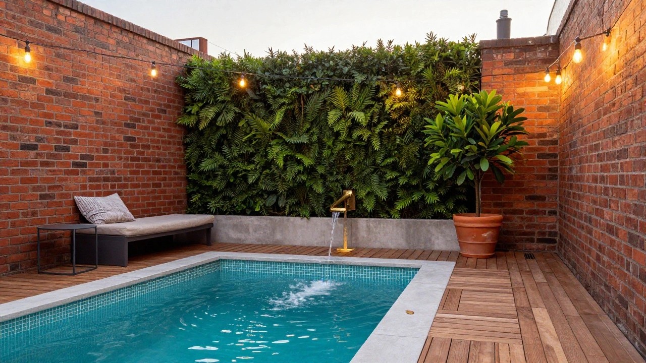 Small rectangular pool with turquoise mosaic tiles and wooden decking, featuring a waterfall from a gold wall spout on a vertical green fern wall against brick, with string lights, bench seating, side table, potted tree, and plants nearby.