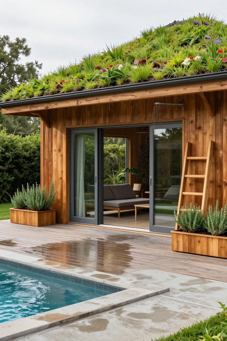 18 Custom Backyard Pool Ideas Tailored To Your Space Wooden cabin with living green roof beside a turquoise pool, outdoor shower head on the side, wooden deck with wet spots, potted rosemary plants, and ladder against the wall.