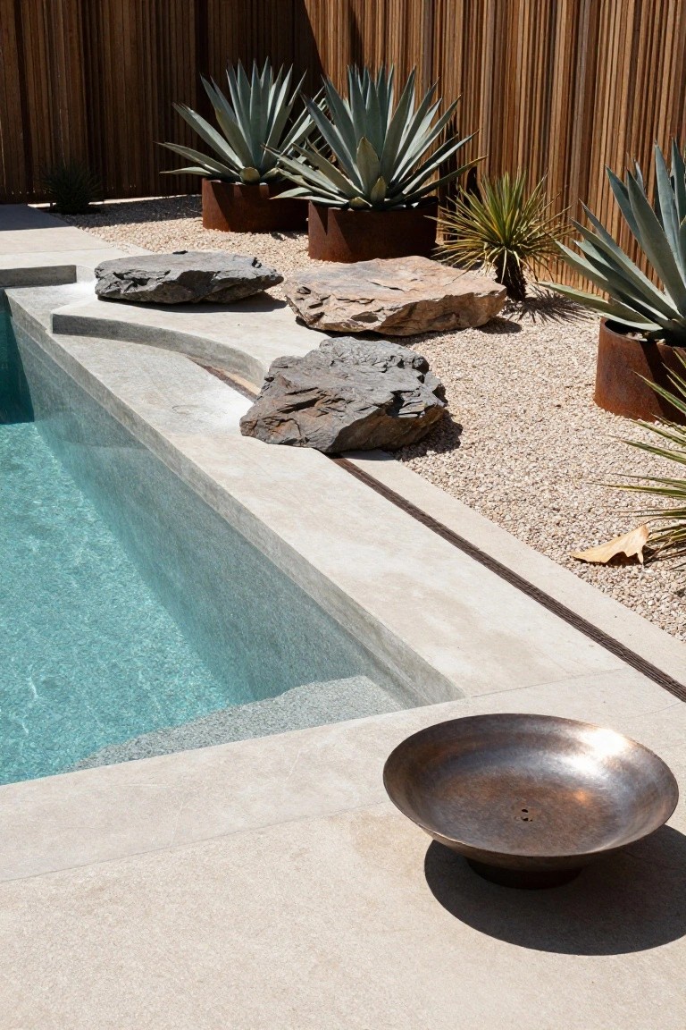 18 Custom Backyard Pool Ideas Tailored To Your Space Close view of a pool edge with clear blue water, large gray boulders on the concrete deck, potted agave plants, gravel ground cover, and a bronze bowl nearby against a wooden slat fence.