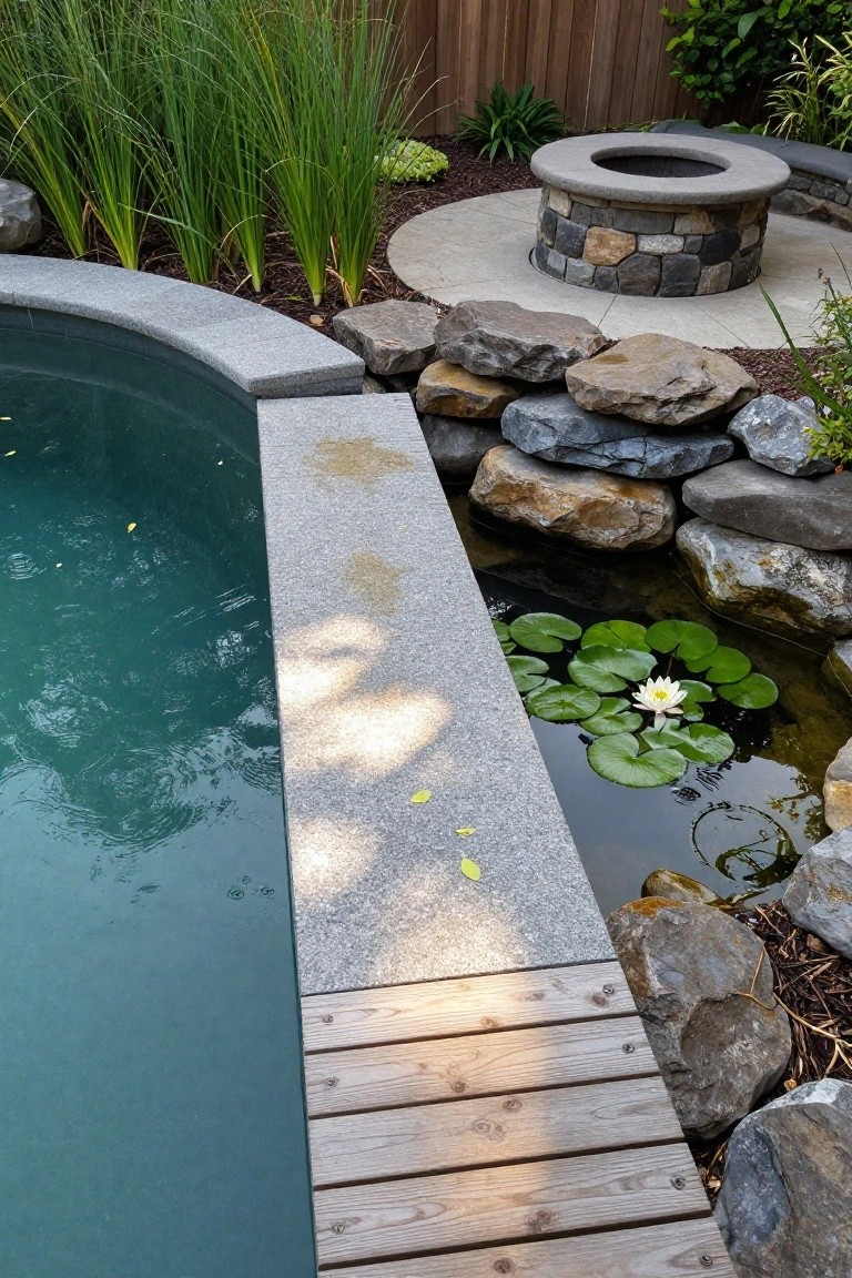 18 Custom Backyard Pool Ideas Tailored To Your Space A turquoise swimming pool with gray granite coping adjacent to a small rock-lined pond containing green lily pads and one white lotus flower, surrounded by ornamental grasses, large stones, a stone fire pit, and wooden decking.