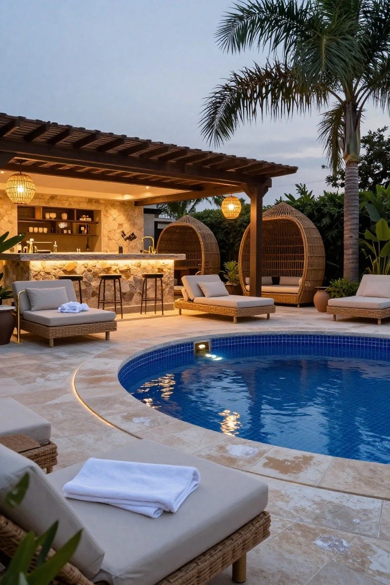 18 Custom Backyard Pool Ideas Tailored To Your Space Curved blue-tiled pool adjacent to a stone bar counter with black stools, rattan loungers and pod chairs under a wooden pergola, surrounded by potted plants and palm trees at dusk.